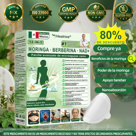 Parche De Nanomicroagujas Avanzado 𝐻𝑒𝑎𝑙𝑟𝑖𝑧𝑒® De Moringa Y Berberina 12 en 1